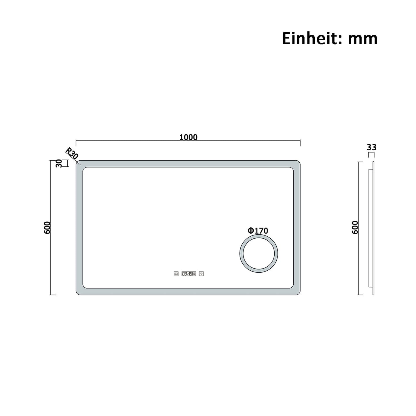 Badspiegel 100x60 cm Kalt/Warm/Neutralweiß+Uhr+Beschlagfrei+3x Makeup-spiegel+dimmbar+Helligkeit-Speicherfunktion
