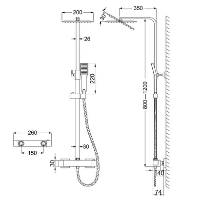 Duschsystem mit Thermostat und Handbrause Regendusche, Höhe 80-120 cm, Komplett-Set, mit 360° drehenbarem Regenduschkopf und höhenverstellbar Duschstange