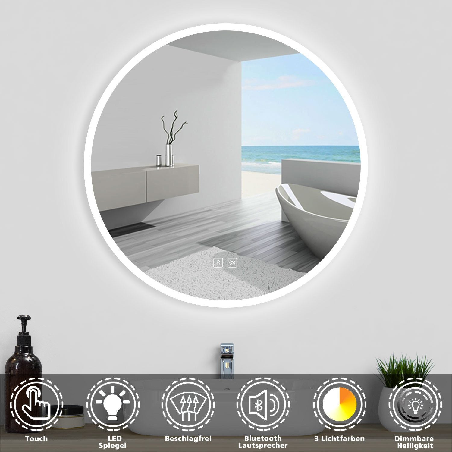Badspiegel Rund Badezimmerspiegel Wandspiegel mit LED Beleuchtung Besc ...