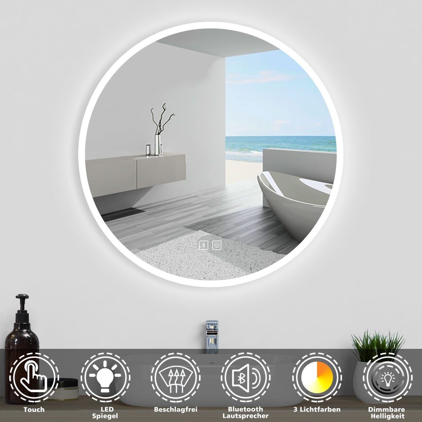 Badspiegel Rund Badezimmerspiegel Wandspiegel mit LED Beleuchtung Beschlagfrei Ø 60 cm
