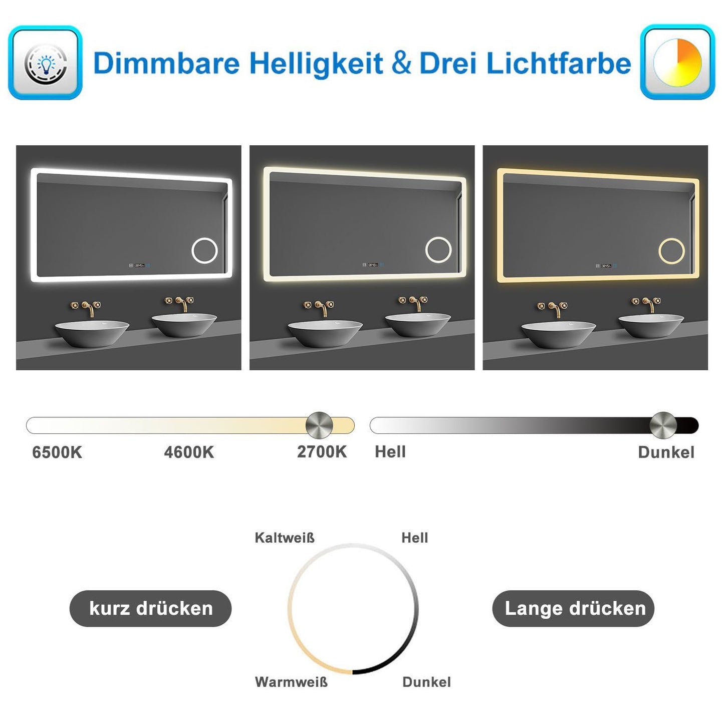 Badspiegel 100x60 cm Kalt/Warm/Neutralweiß+Uhr+Beschlagfrei+3x Makeup-spiegel+dimmbar+Helligkeit-Speicherfunktion
