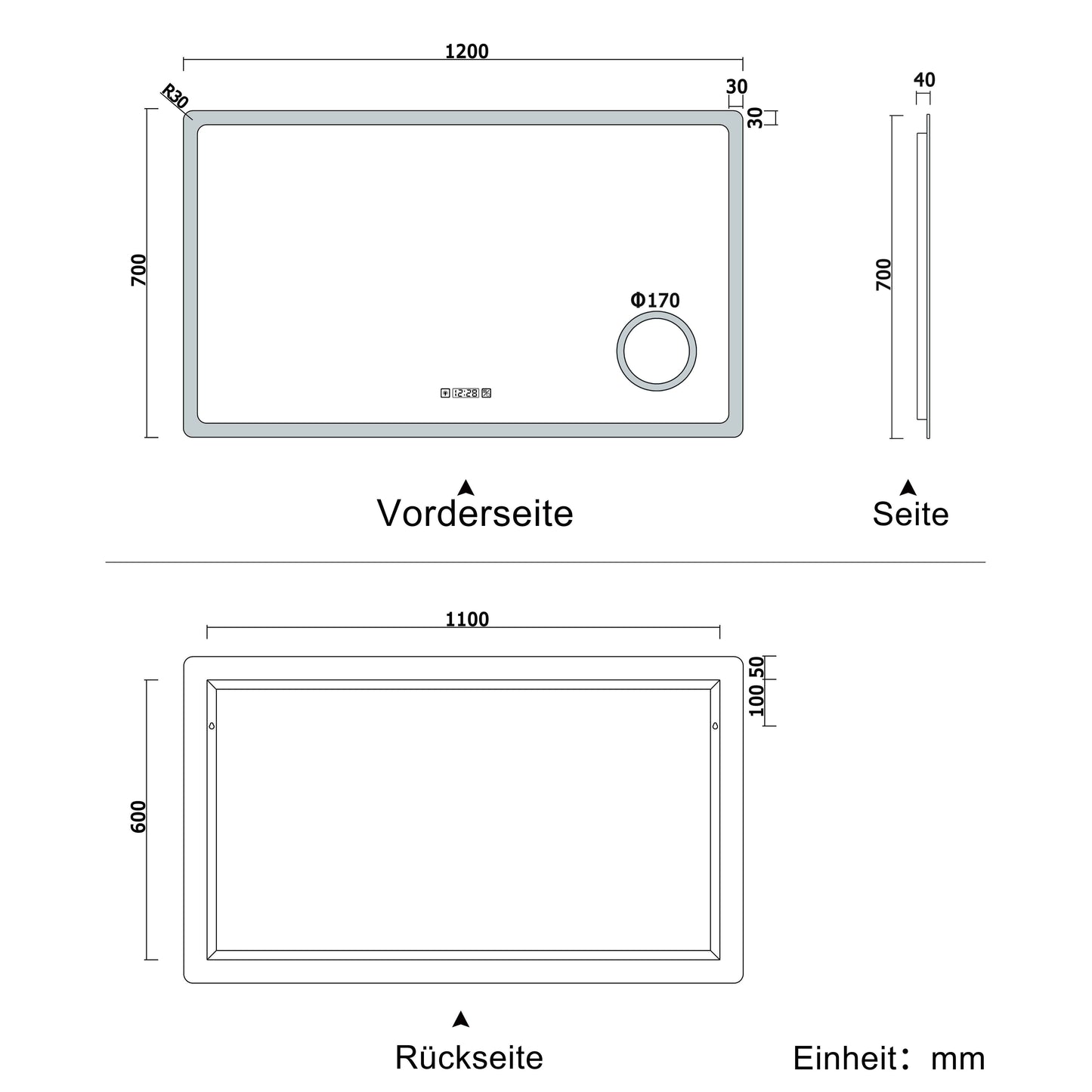 Badspiegel 120x70cm+3 Lichtfarbe+Uhr+Beschlagfrei+3-Fach Schminkspiegel+dimmbar