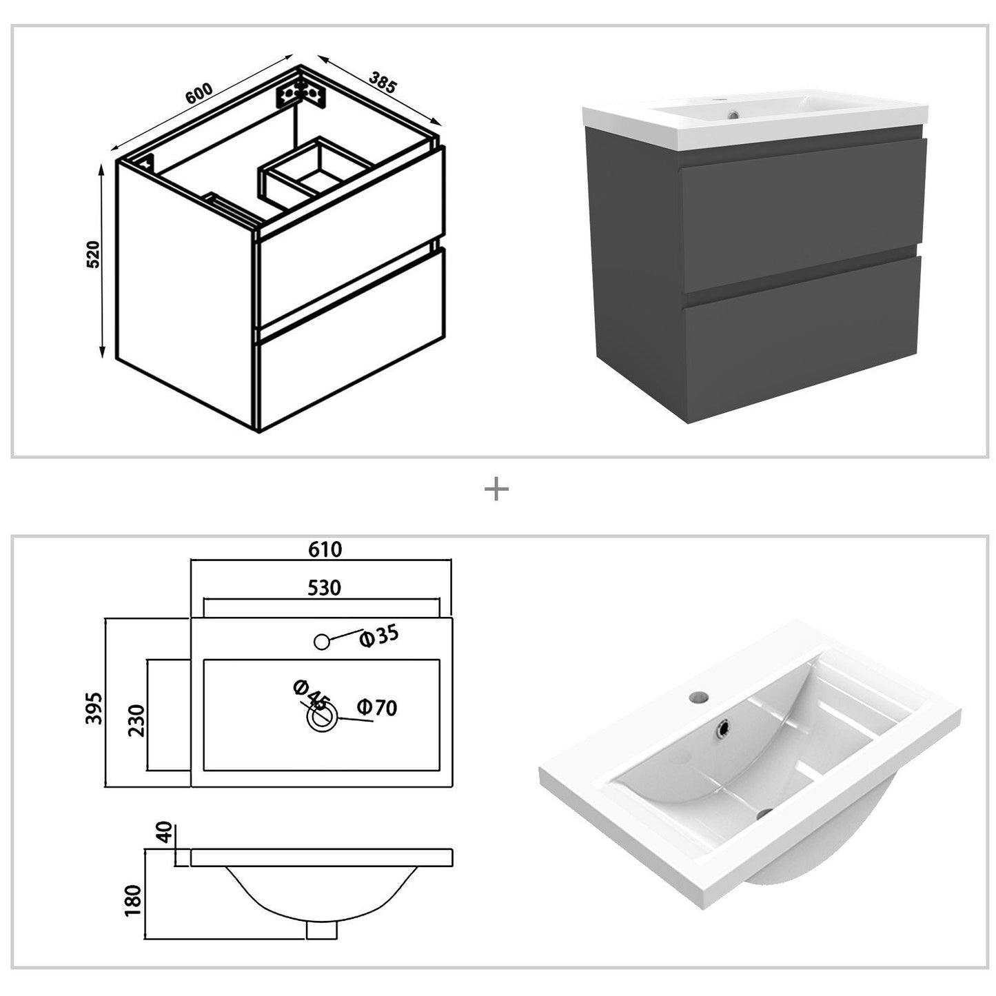 Waschtisch mit Unterschrank Badmöbel Set Waschbecken Weiß Eiche 60 cm Anthrazit