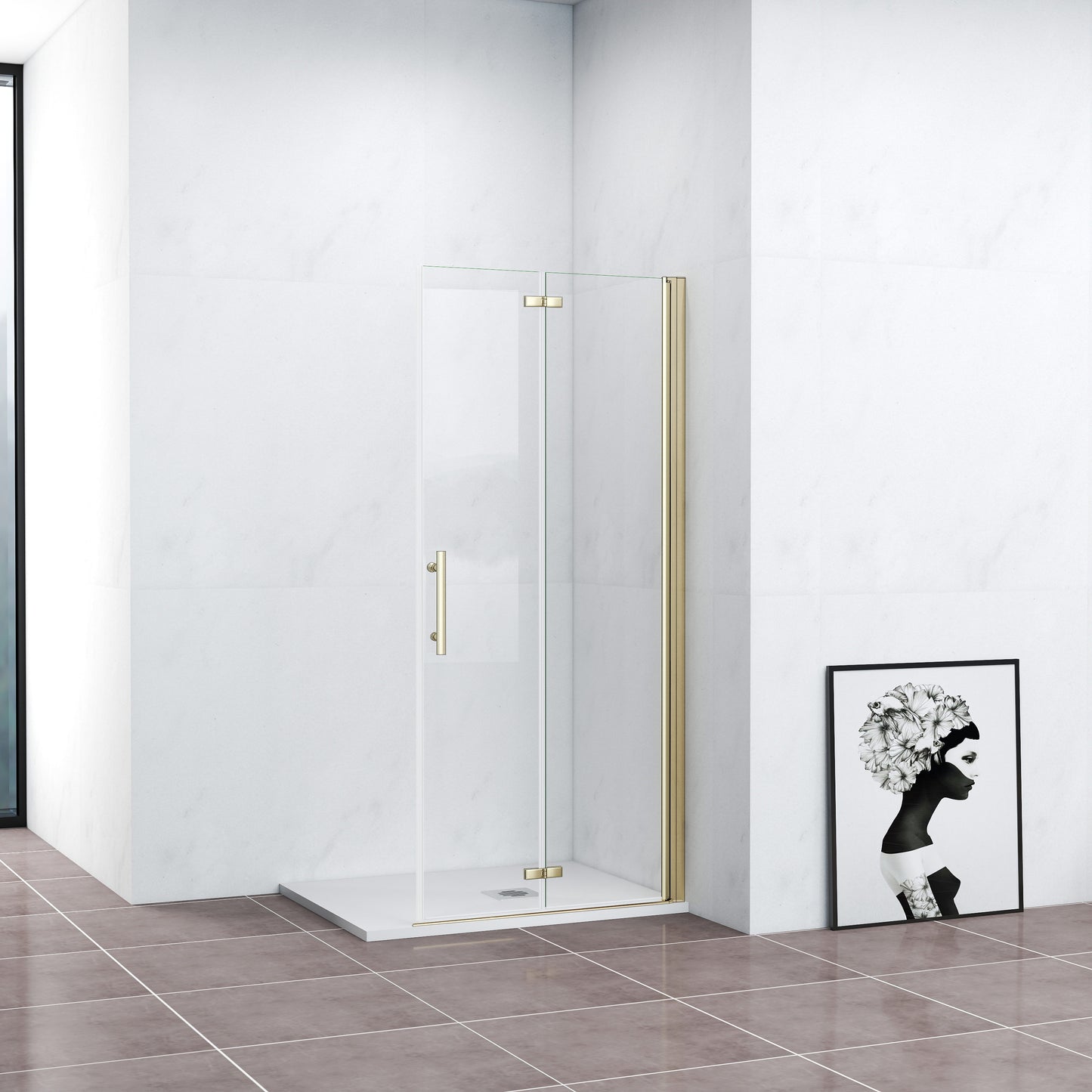 Walk-In Duschwand Faltbar+Drehbar Duschabtrennung Duschtür Goldfarben Dusche 76 x H.195 cm NANO Glas