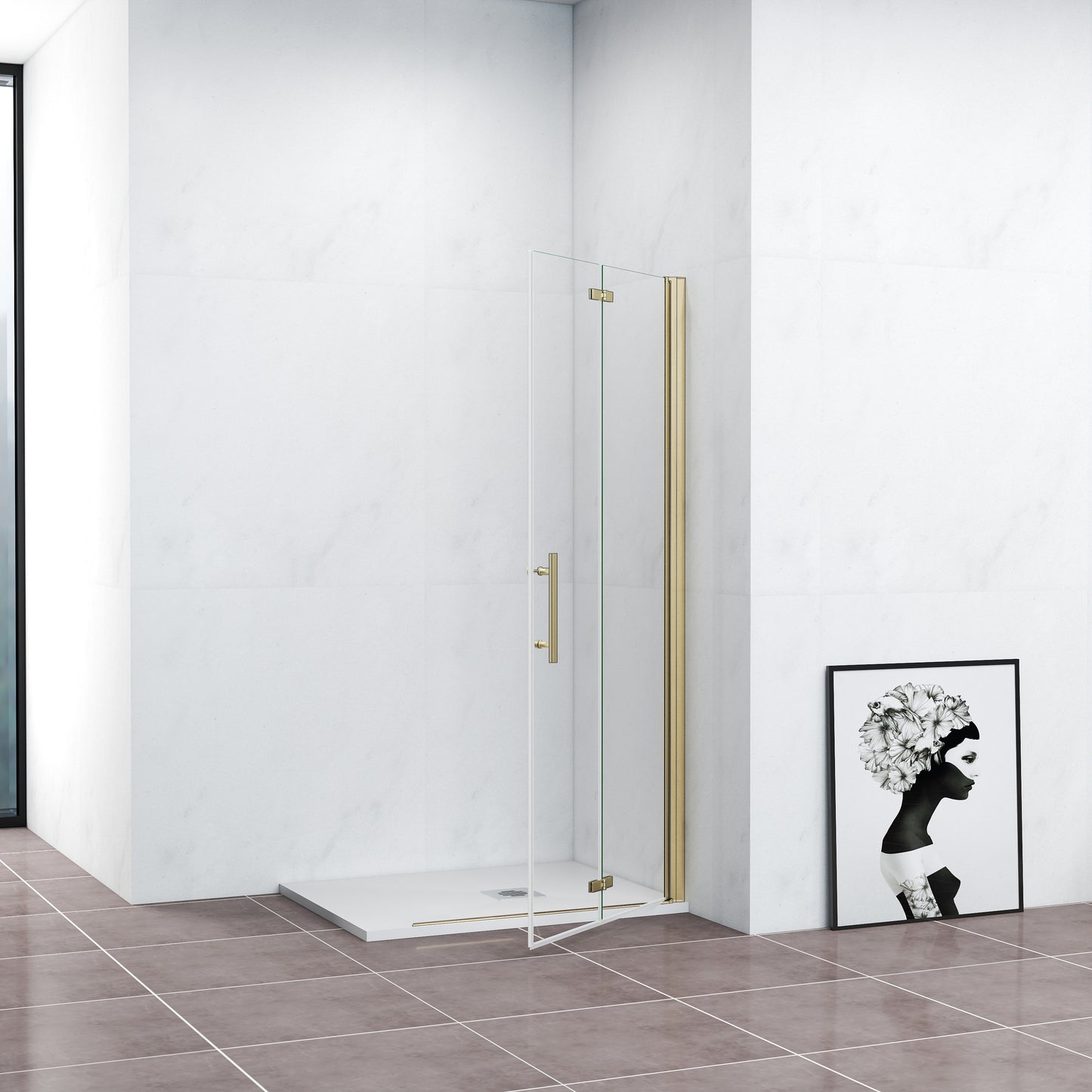 Walk-In Duschwand Faltbar+Drehbar Duschabtrennung Duschtür Goldfarben Dusche 76 x H.195 cm NANO Glas