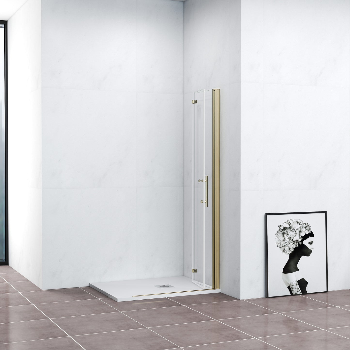Walk-In Duschwand Faltbar+Drehbar Duschabtrennung Duschtür Goldfarben Dusche 76 x H.195 cm NANO Glas