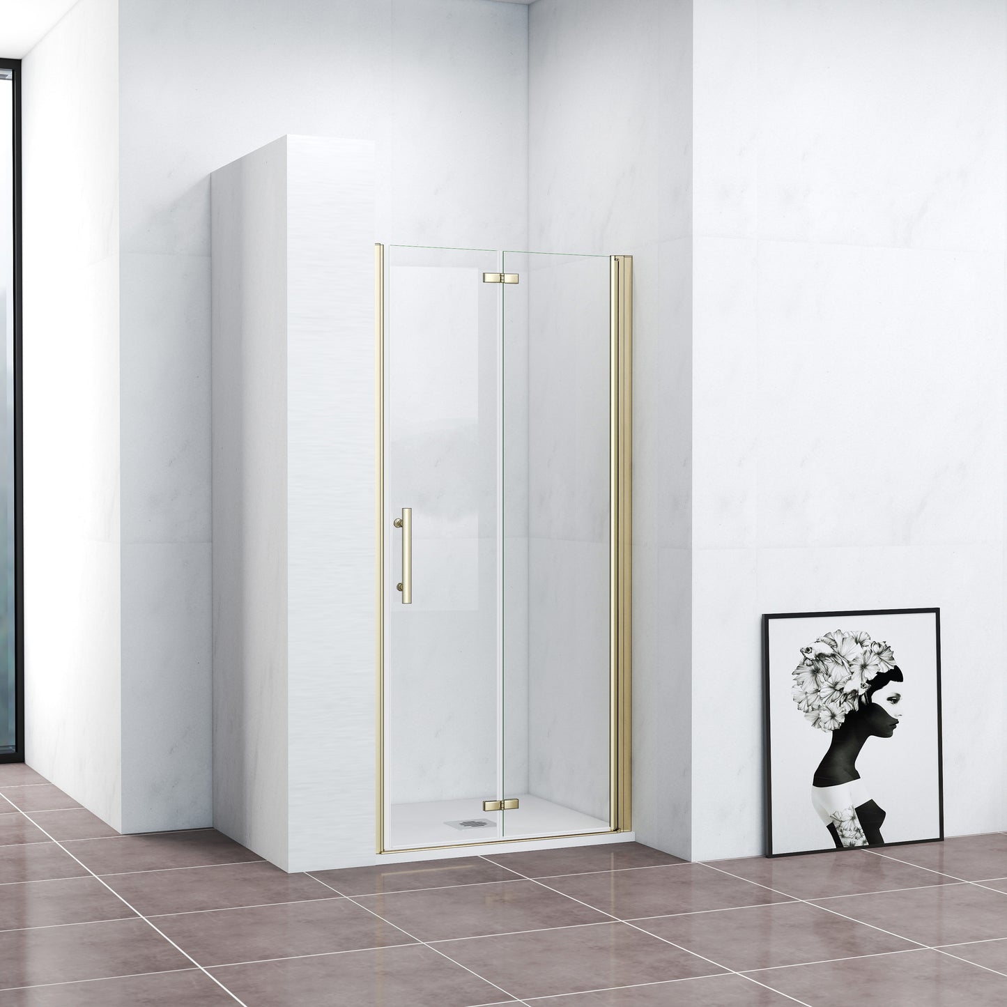 Duschkabine Falttür Nischentür Drehtür Goldfarben 90 cm NANO Glas Dusche H.195cm