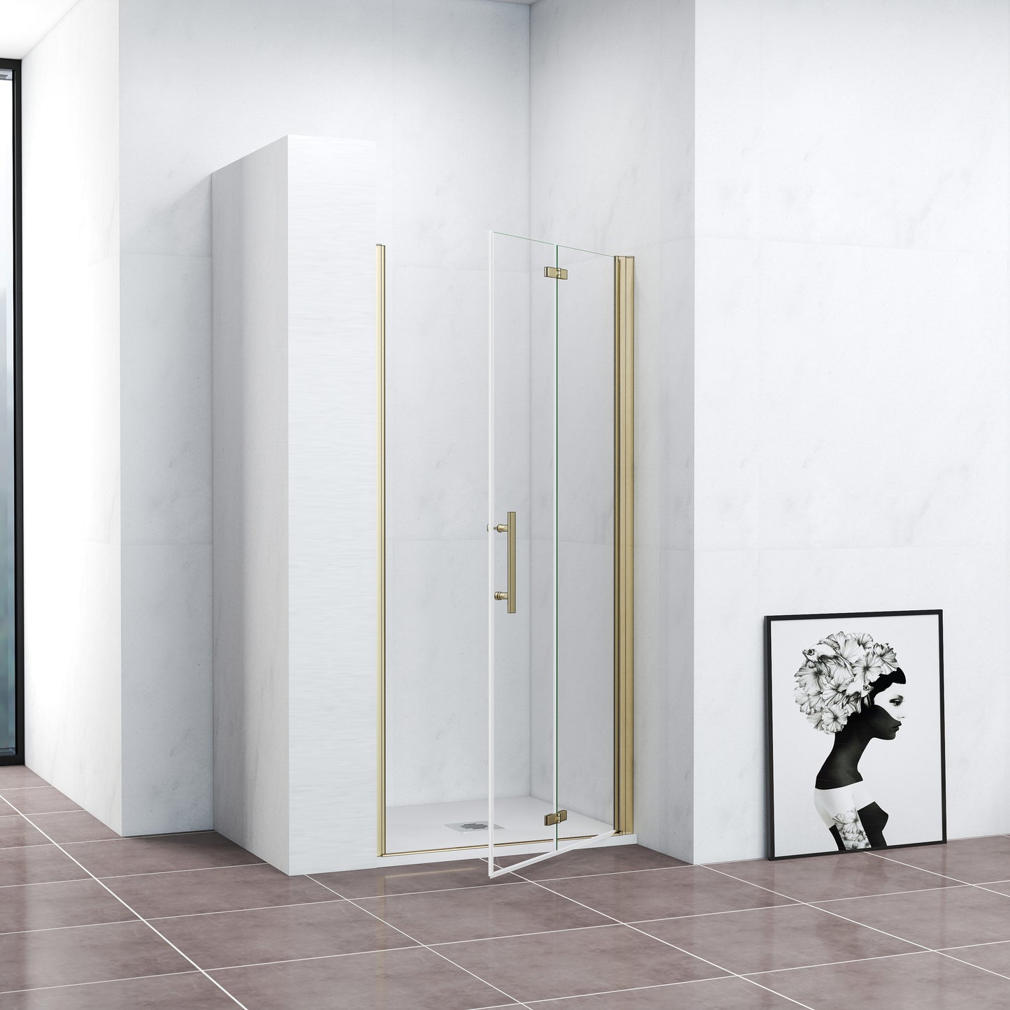 Duschkabine Falttür Nischentür Drehtür Goldfarben 90 cm NANO Glas Dusche H.195cm