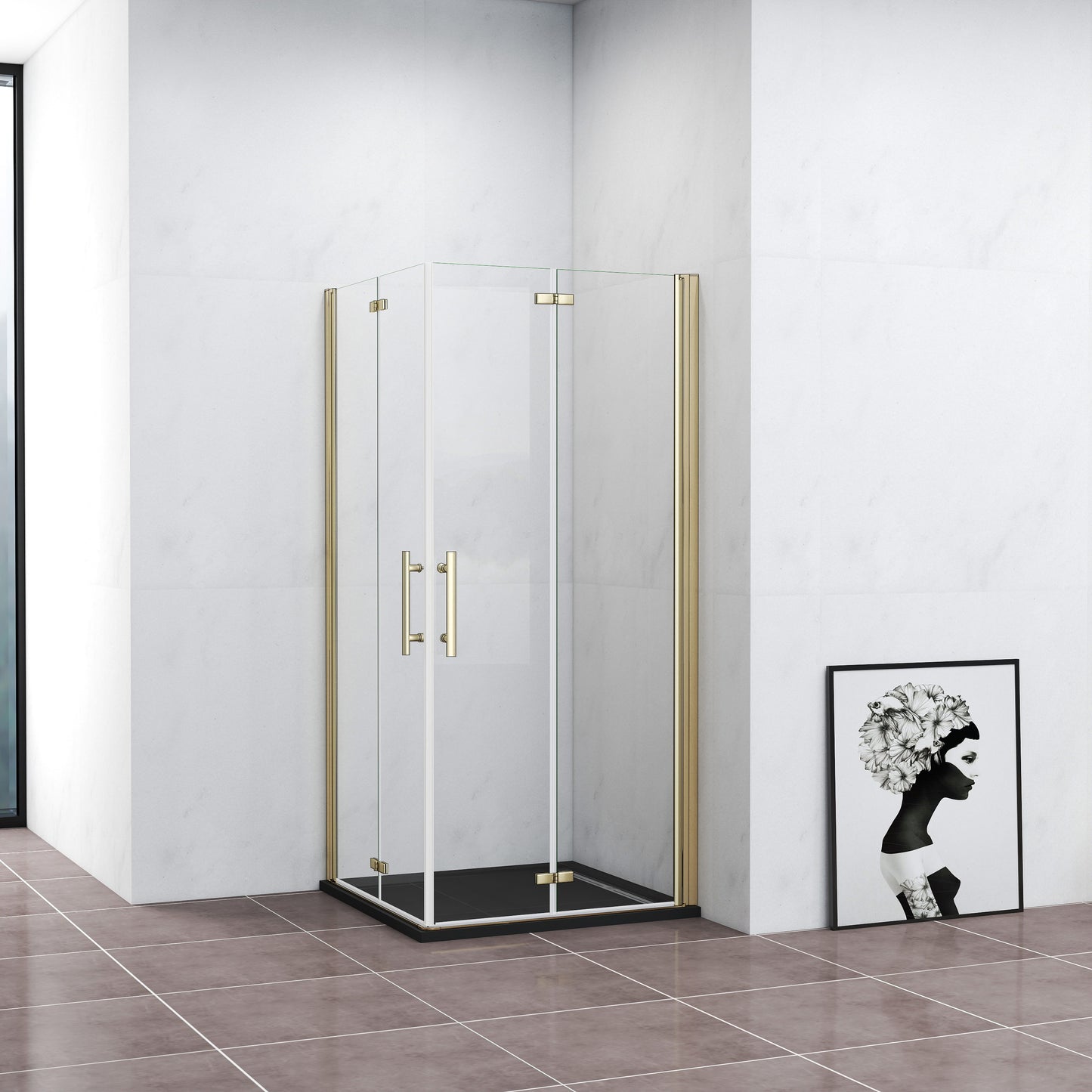 Duschkabine Eckeinstieg Dusche 90x90 cm Duschabtrennung Goldfarben Falttür NANO Glas 195cm
