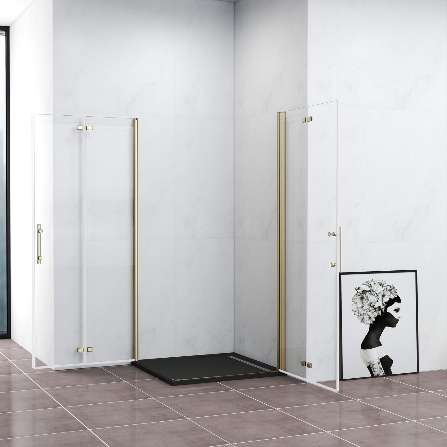 Duschkabine Eckeinstieg Dusche 90x90 cm Duschabtrennung Goldfarben Falttür NANO Glas 195cm