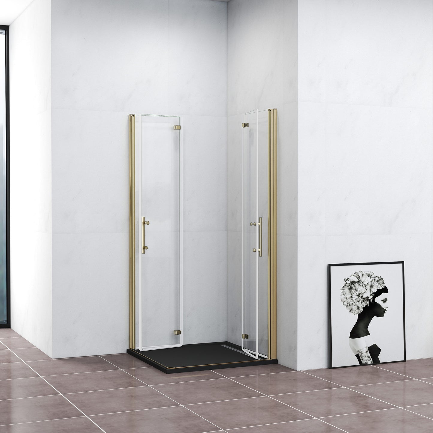 Duschkabine Eckeinstieg Dusche 90x90 cm Duschabtrennung Goldfarben Falttür NANO Glas 195cm