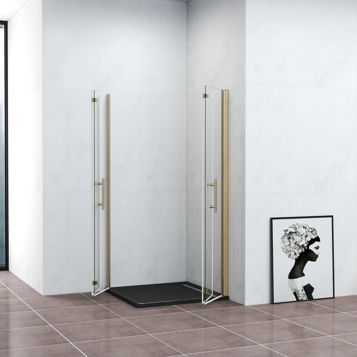 Duschkabine Eckeinstieg Dusche 90x90 cm Duschabtrennung Goldfarben Falttür NANO Glas 195cm