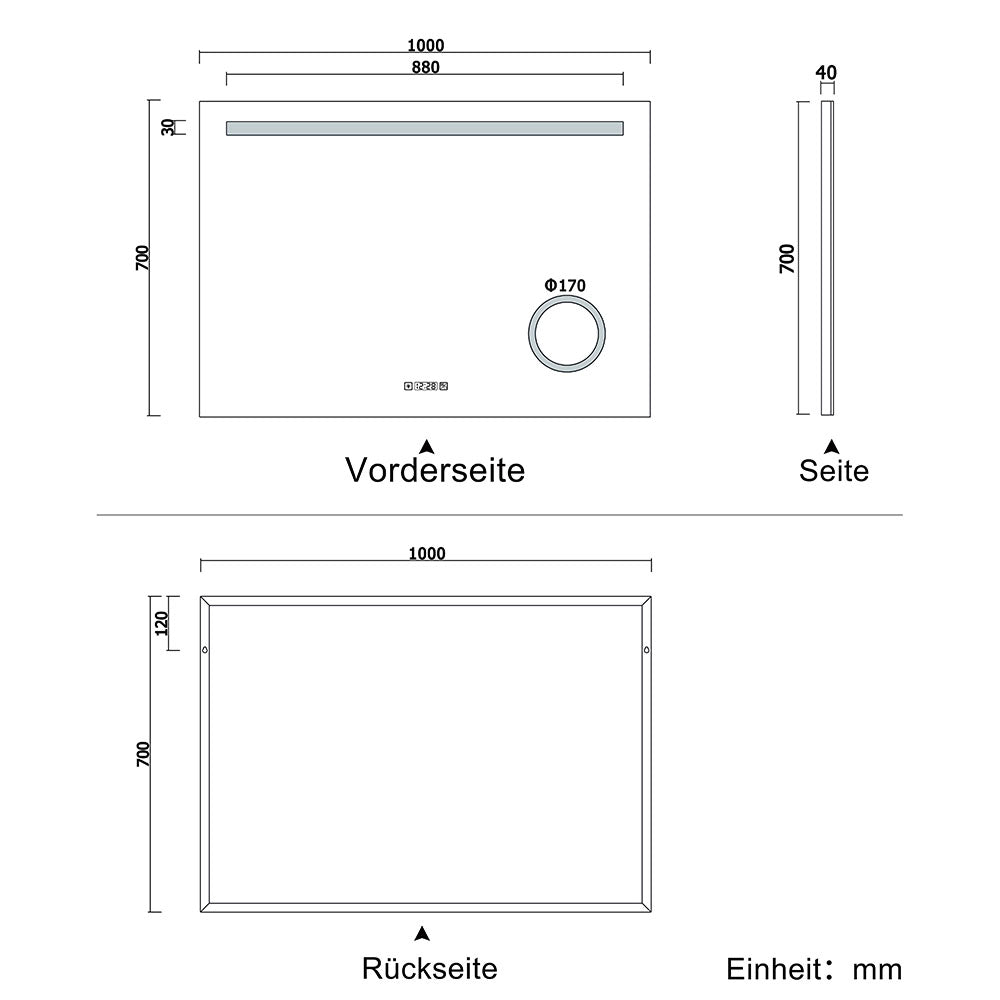 LED Badspiegel 100×70cm Wandspiegel mit Uhr, Touch, Beschlagfrei,3-Fach Vergrößerung Schminkspiegel IP44 Kaltweiß energiesparend