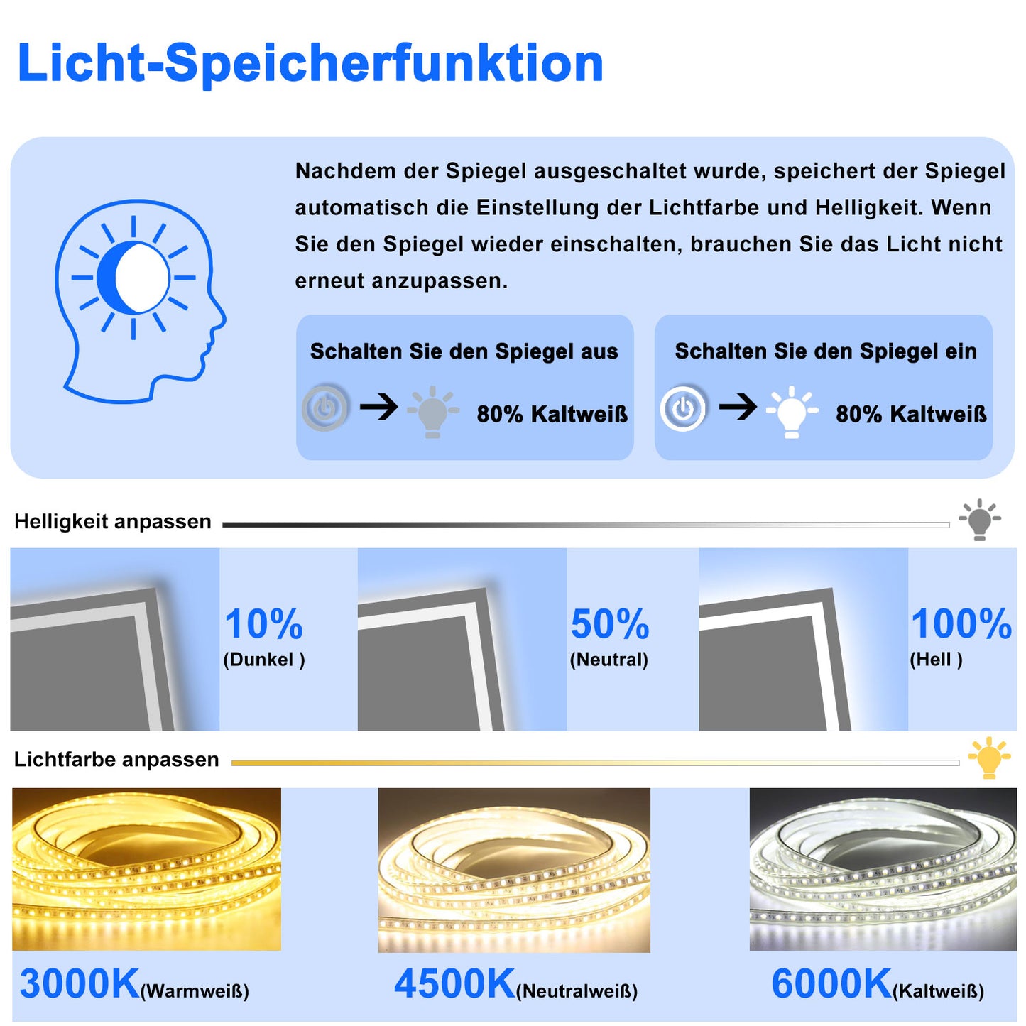 LED Badspiegel mit Beleuchtung Wandspiegel Touch-Schalter beschlagfrei
