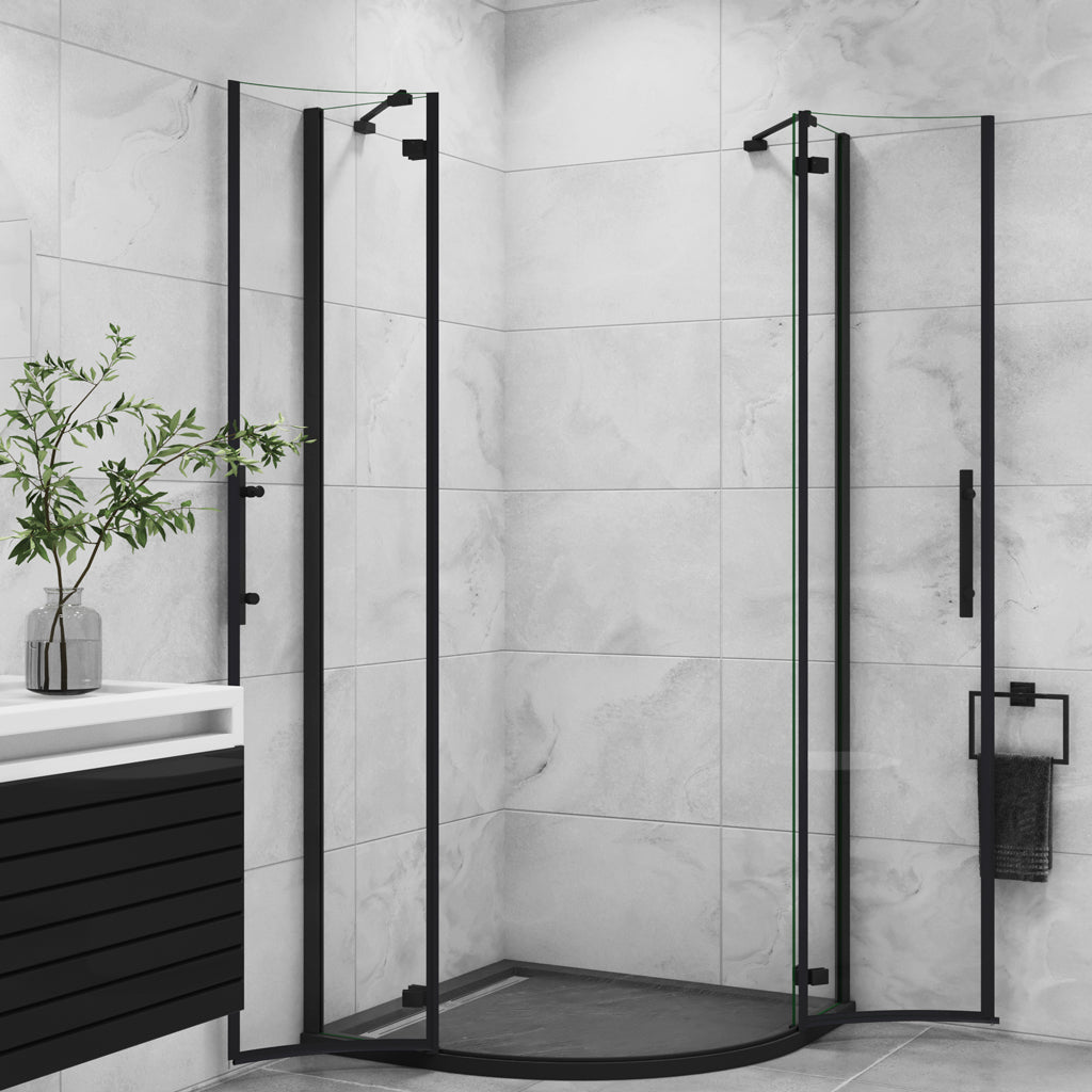 Duschkabine Viertelkreis Duschabtrennung Runddusche Pendeltüren NANO Glas H.195cm Schwarz