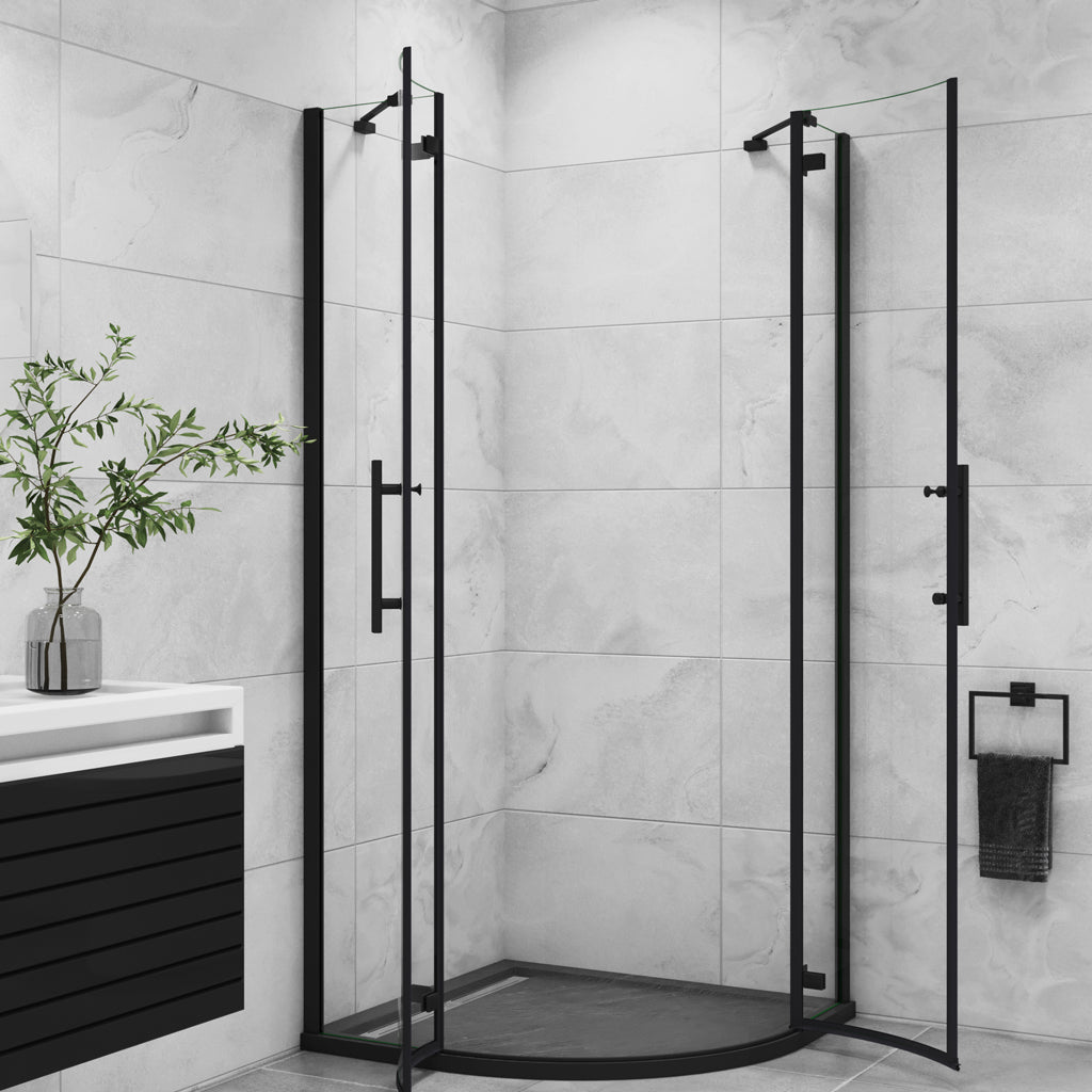 Duschkabine Viertelkreis Duschabtrennung Runddusche Pendeltüren NANO Glas H.195cm Schwarz