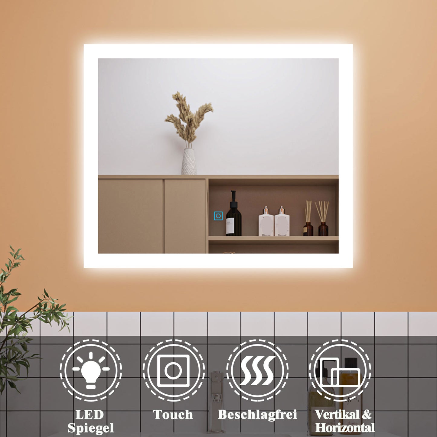 Badezimmerspiegel Wandspiegel 60x50 cm LED Spiegel mit TOUCH Beheizt Badspiegel Kaltweiß Licht beschlagfrei