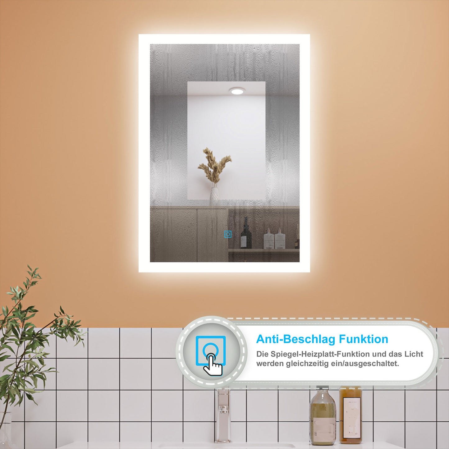 Badezimmerspiegel Wandspiegel 70x50 cm LED Spiegel mit TOUCH Beheizt Badspiegel Kaltweiß Licht beschlagfrei