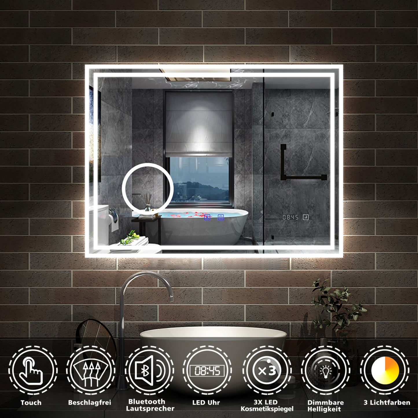 Wandspiegel LED Badspiegel Bluetooth Kalt/Neutral/Warmweiß Dimmbar Beschlagfrei