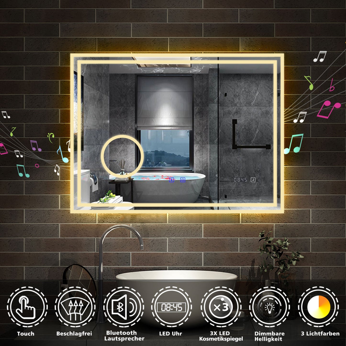 Wandspiegel LED Badspiegel Bluetooth Kalt/Neutral/Warmweiß Dimmbar Beschlagfrei