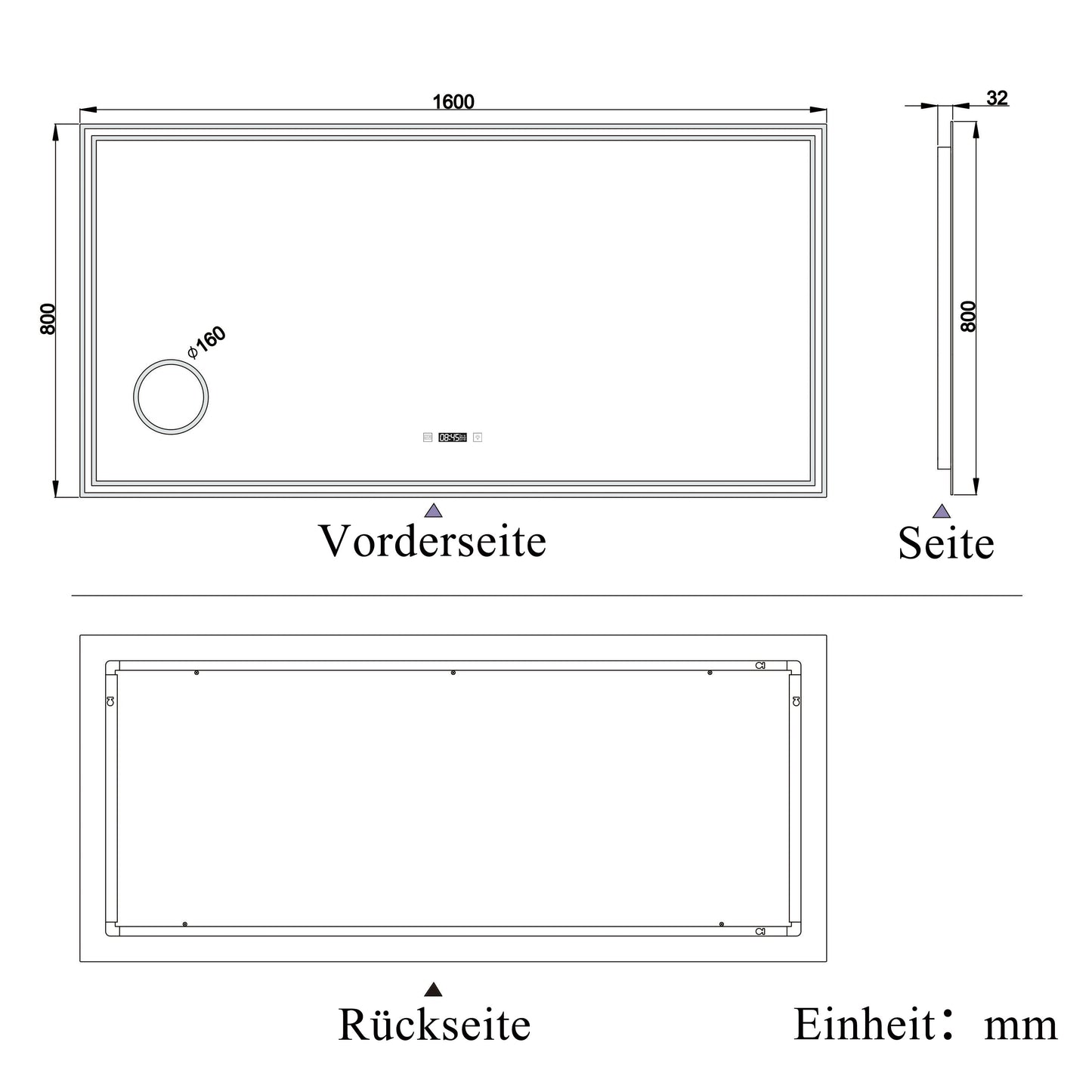 Badspiegel LED Badezimmerspiegel Beschlagfrei Wandspiegel Lichtspiegel 160x80 cm Warm/Neutral/Kaltweiß Makeup Spiegel+Uhr