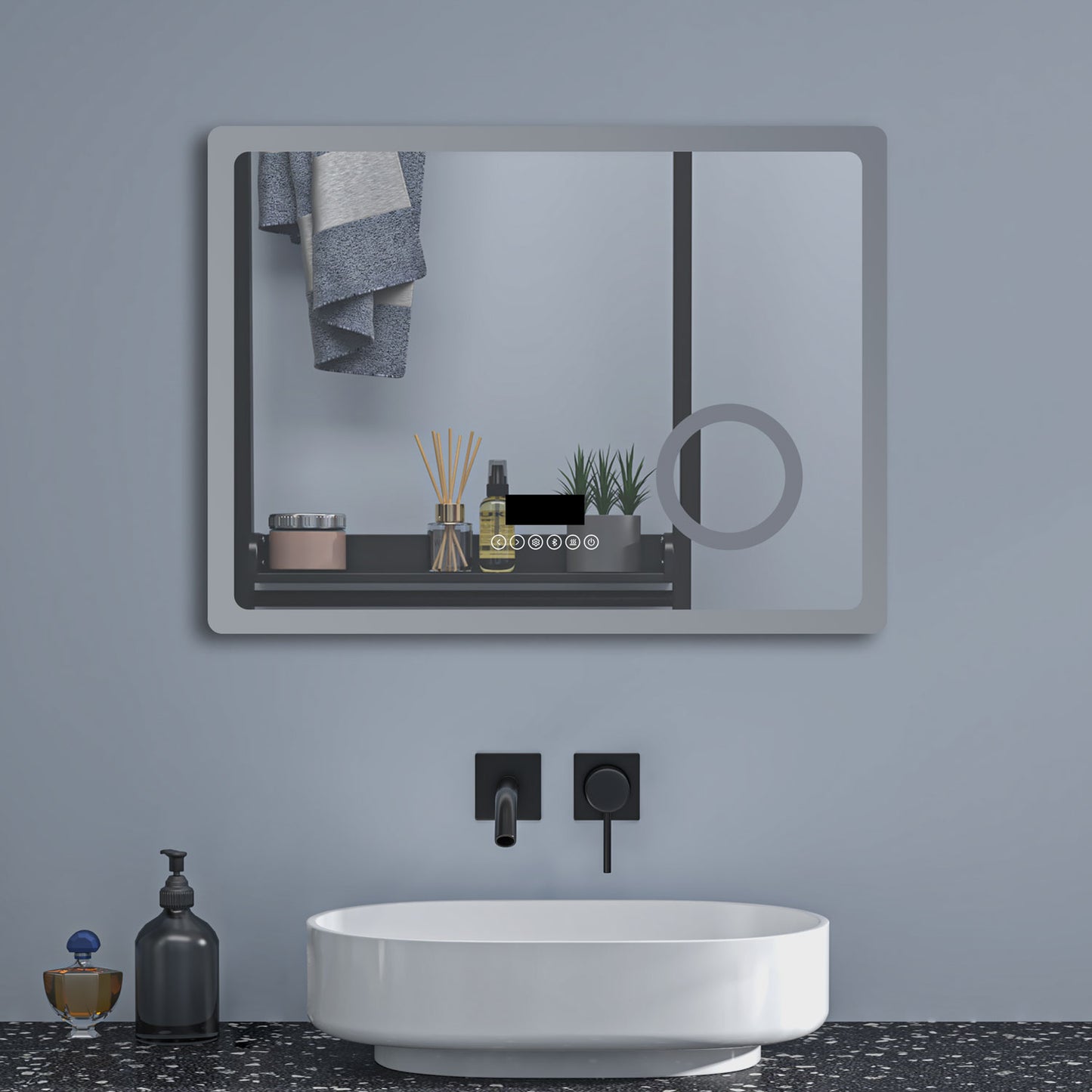 Badspiegel 80x60 cm Uhr+Beschlagfrei+3xSchminkspiegel+Kalt/Neutral/Warmweiß+Bluetooth