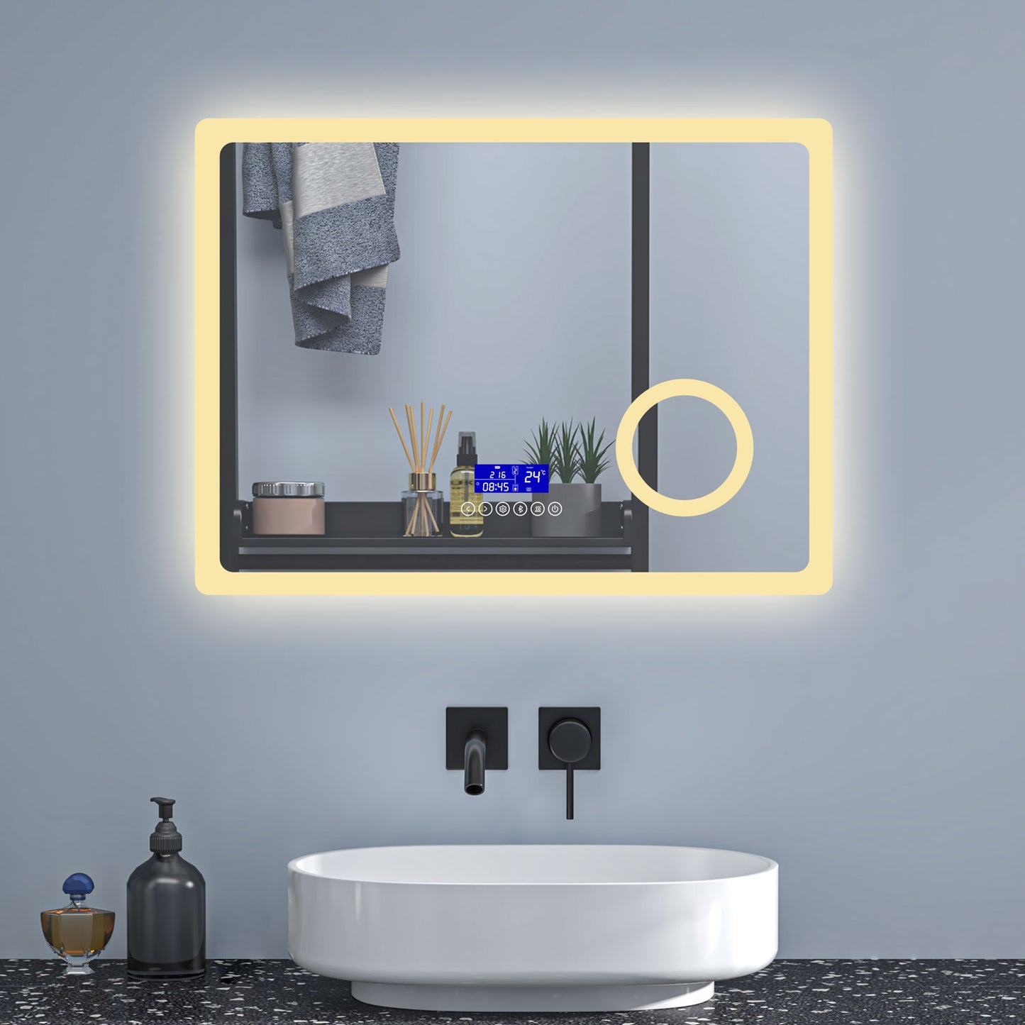 Badspiegel 80x60 cm Uhr+Beschlagfrei+3xSchminkspiegel+Kalt/Neutral/Warmweiß+Bluetooth