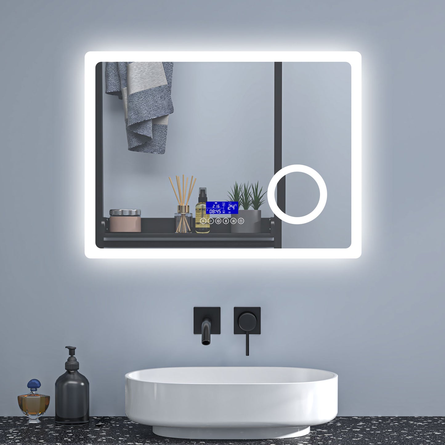 Badspiegel 80x60 cm Uhr+Beschlagfrei+3xSchminkspiegel+Kalt/Neutral/Warmweiß+Bluetooth