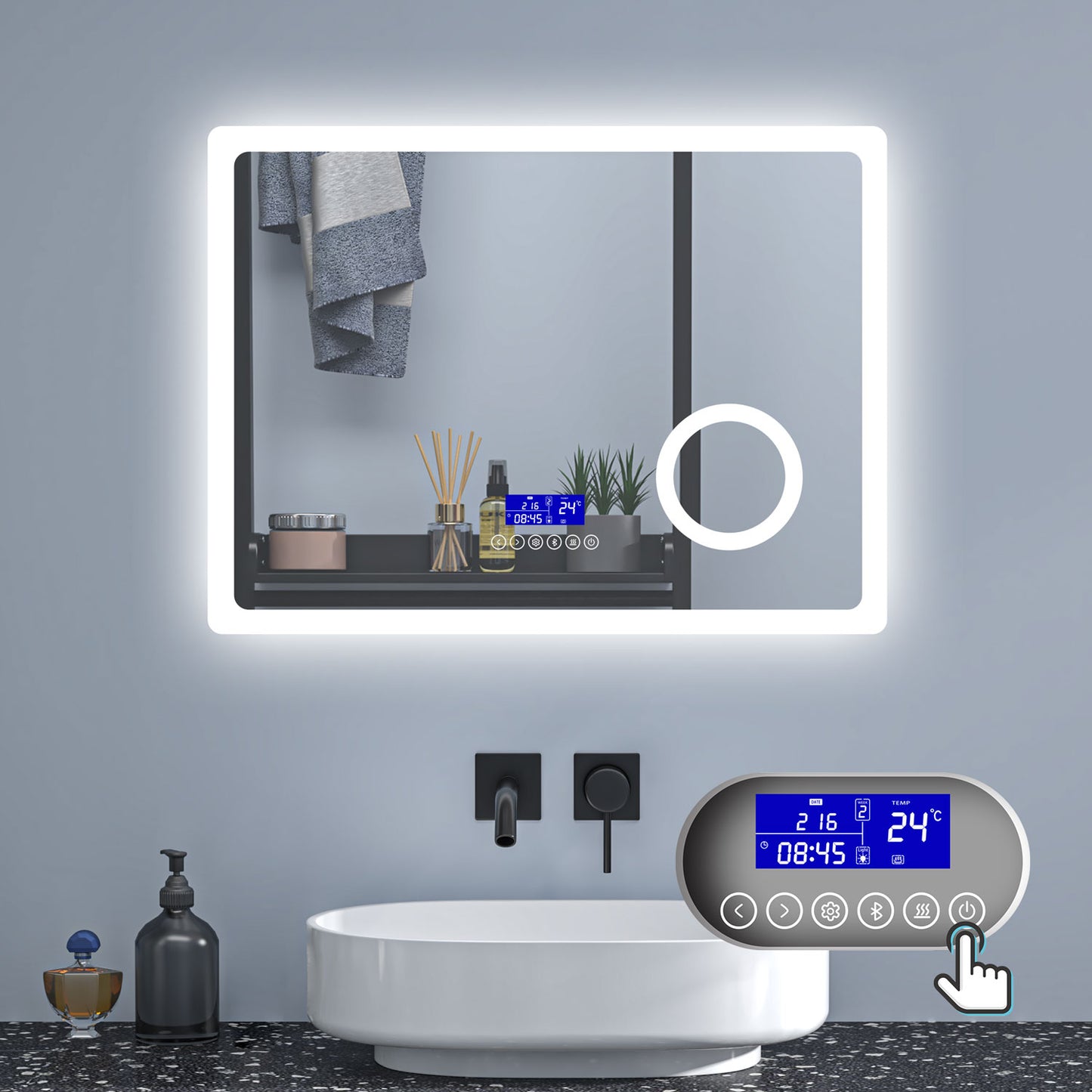 Badspiegel 80x60 cm Uhr+Beschlagfrei+3xSchminkspiegel+Kalt/Neutral/Warmweiß+Bluetooth