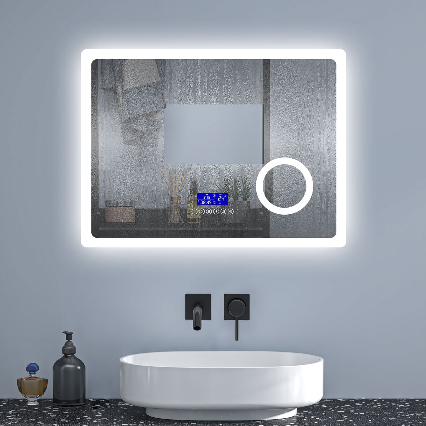 Badspiegel 80x60 cm Uhr+Beschlagfrei+3xSchminkspiegel+Kalt/Neutral/Warmweiß+Bluetooth