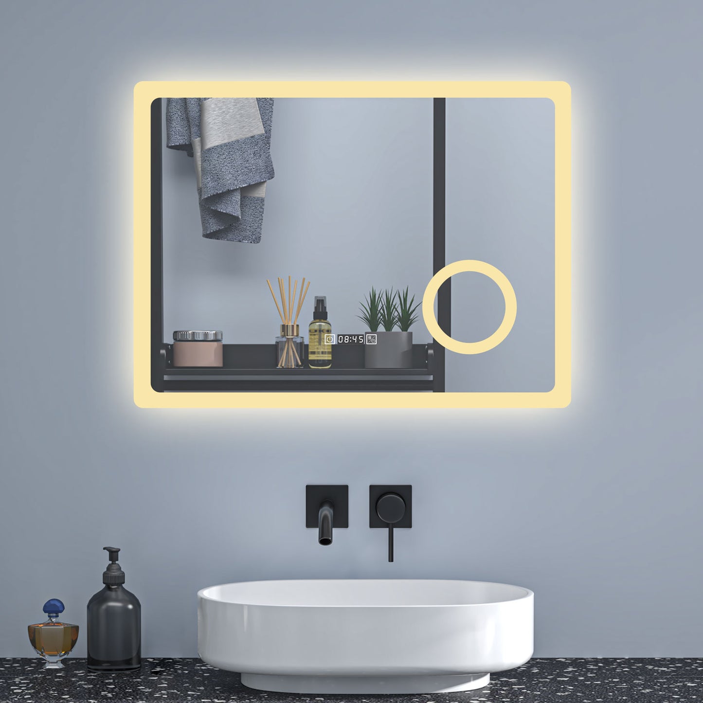Badspiegel 80x60cm 3 Lichtfarbe Uhr Beschlagfrei+3-Fach Schminkspiegel+dimmbar