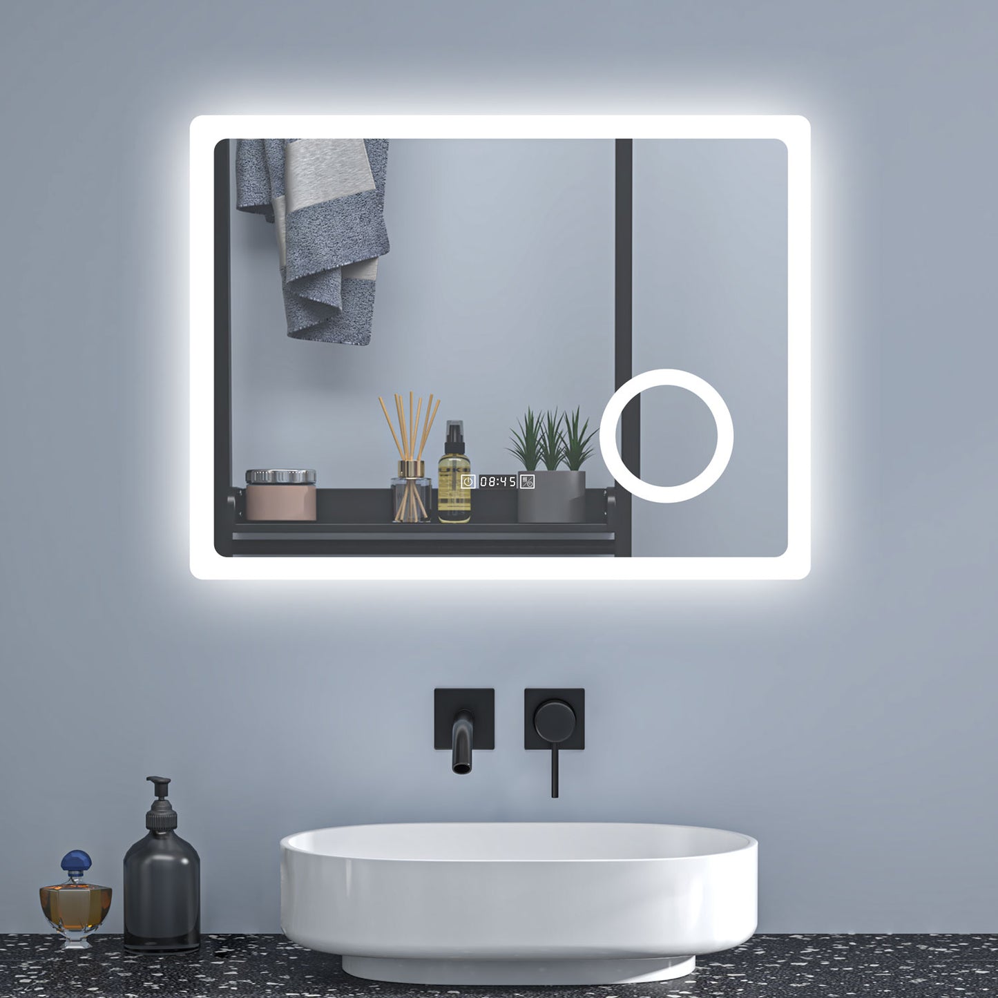 Badspiegel 80x60cm 3 Lichtfarbe Uhr Beschlagfrei+3-Fach Schminkspiegel+dimmbar