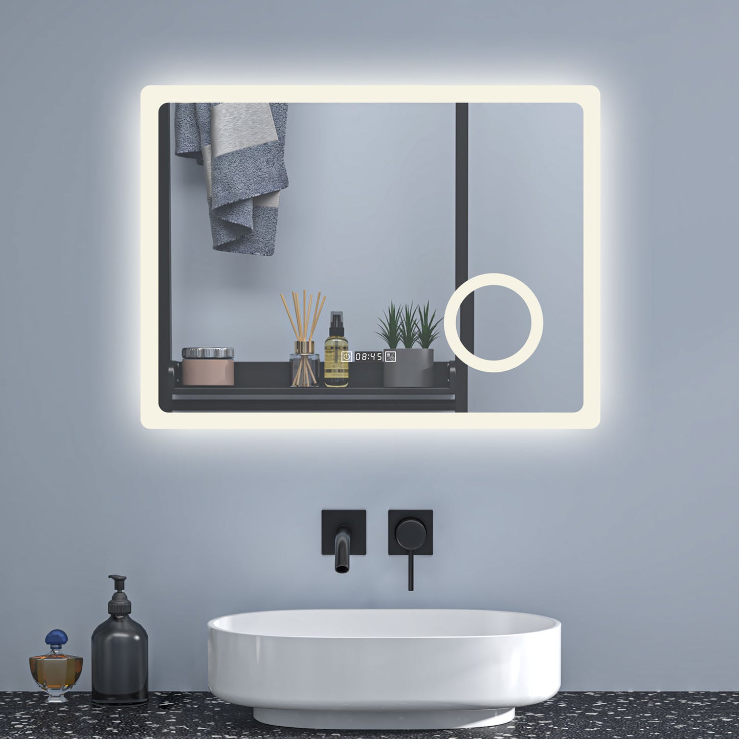 Badspiegel 80x60cm 3 Lichtfarbe Uhr Beschlagfrei+3-Fach Schminkspiegel+dimmbar