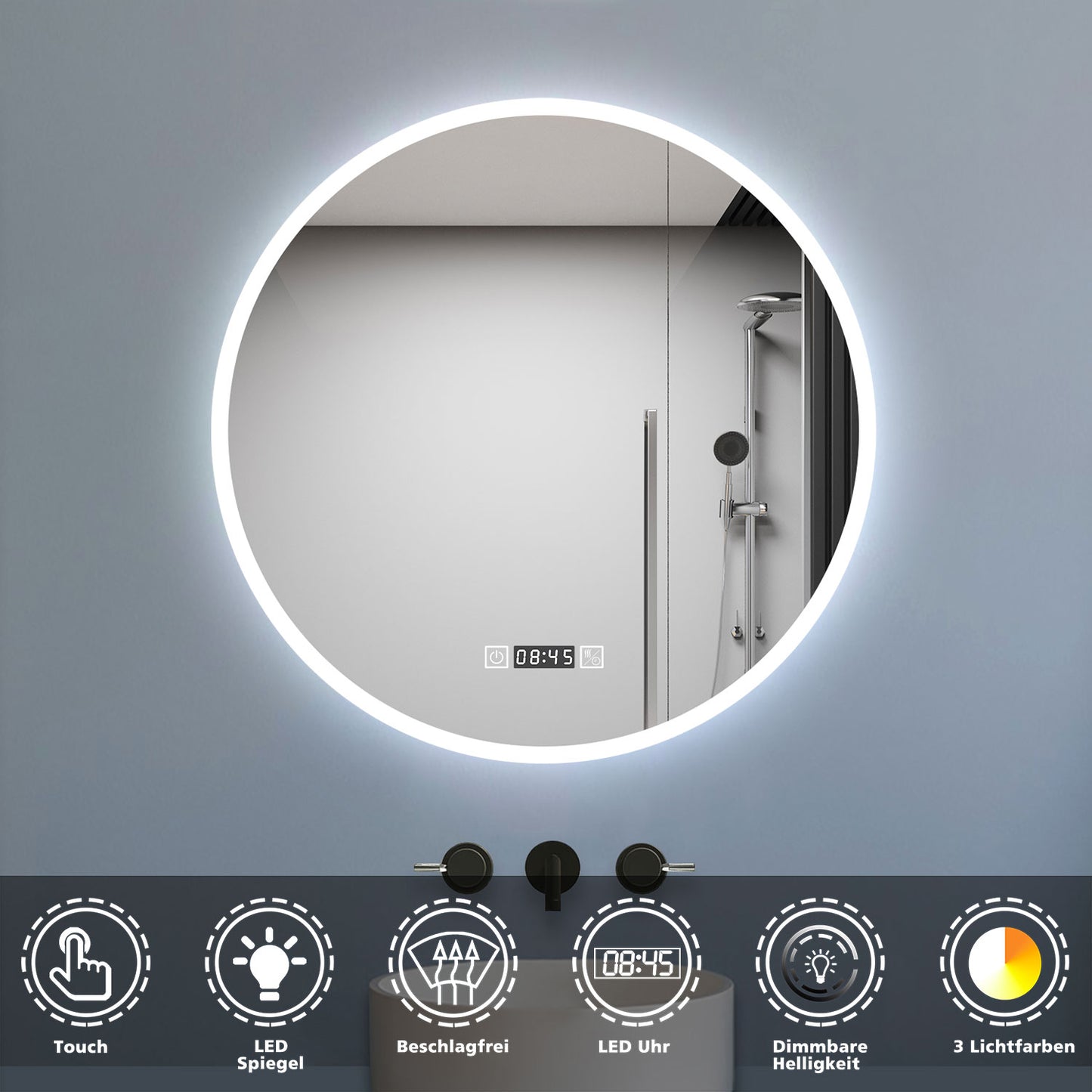 Badspiegel Badezimmerspiegel Rund Spiegel mit LED Beleuchtung F 70 cm