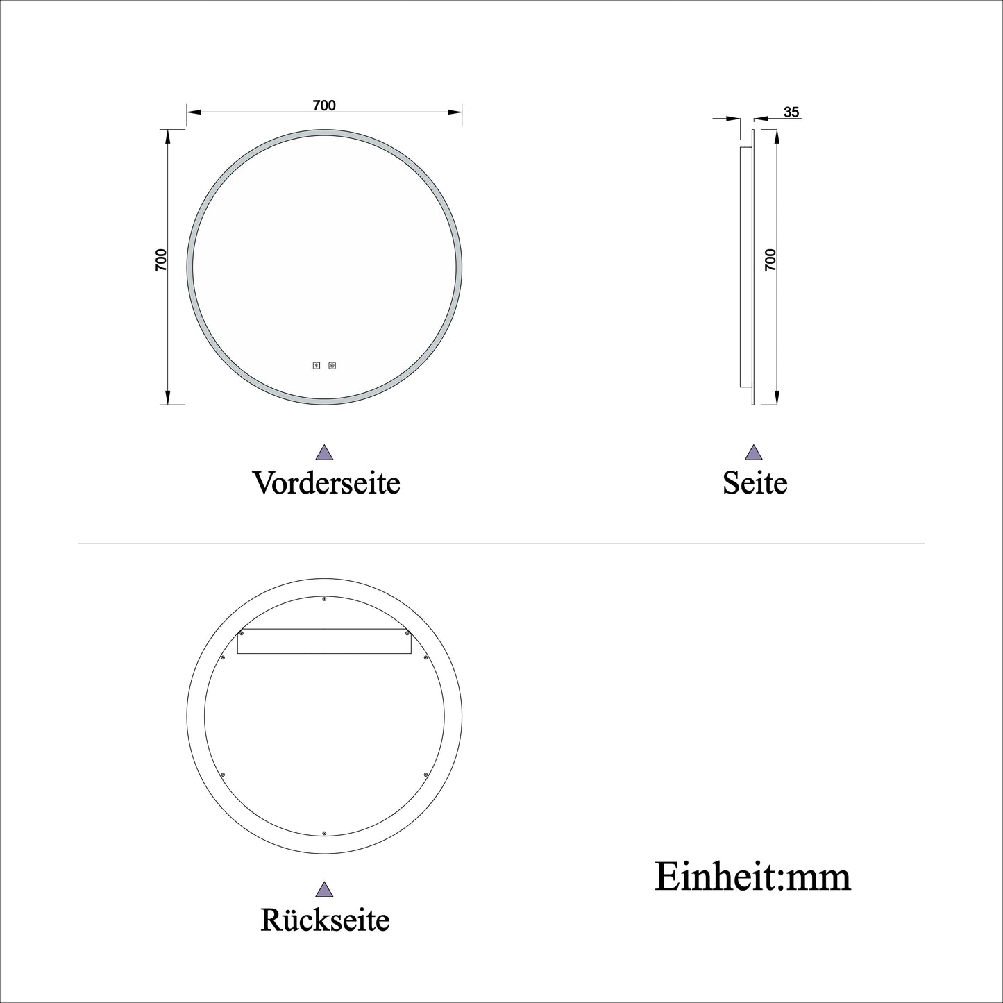 Badspiegel Badezimmerspiegel Rund Spiegel mit LED Beleuchtung, F 70 cm