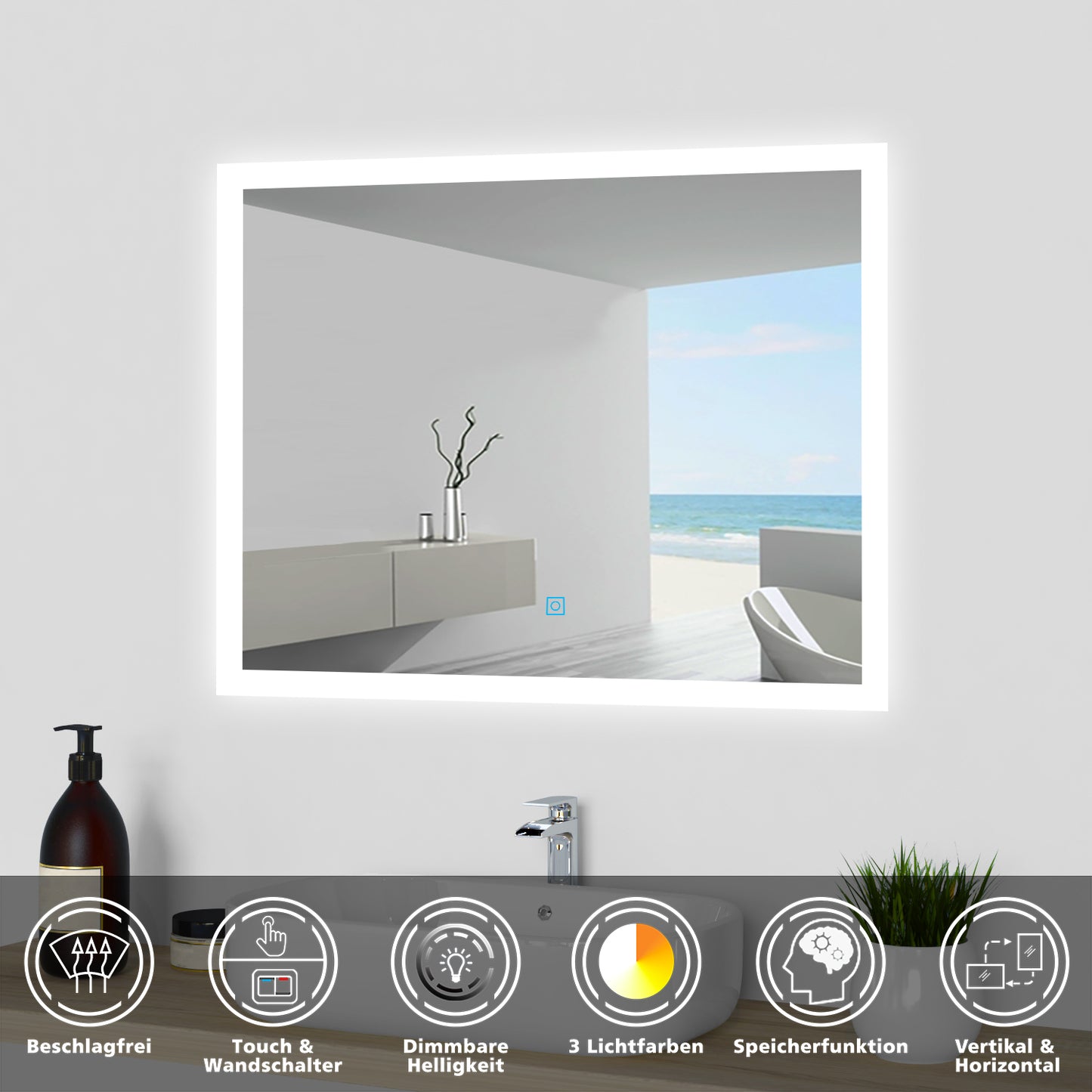 LED-Lichtspiegel Badspiegel 3 Lichtfarbe Wand/Touch Memory Beschlagfrei