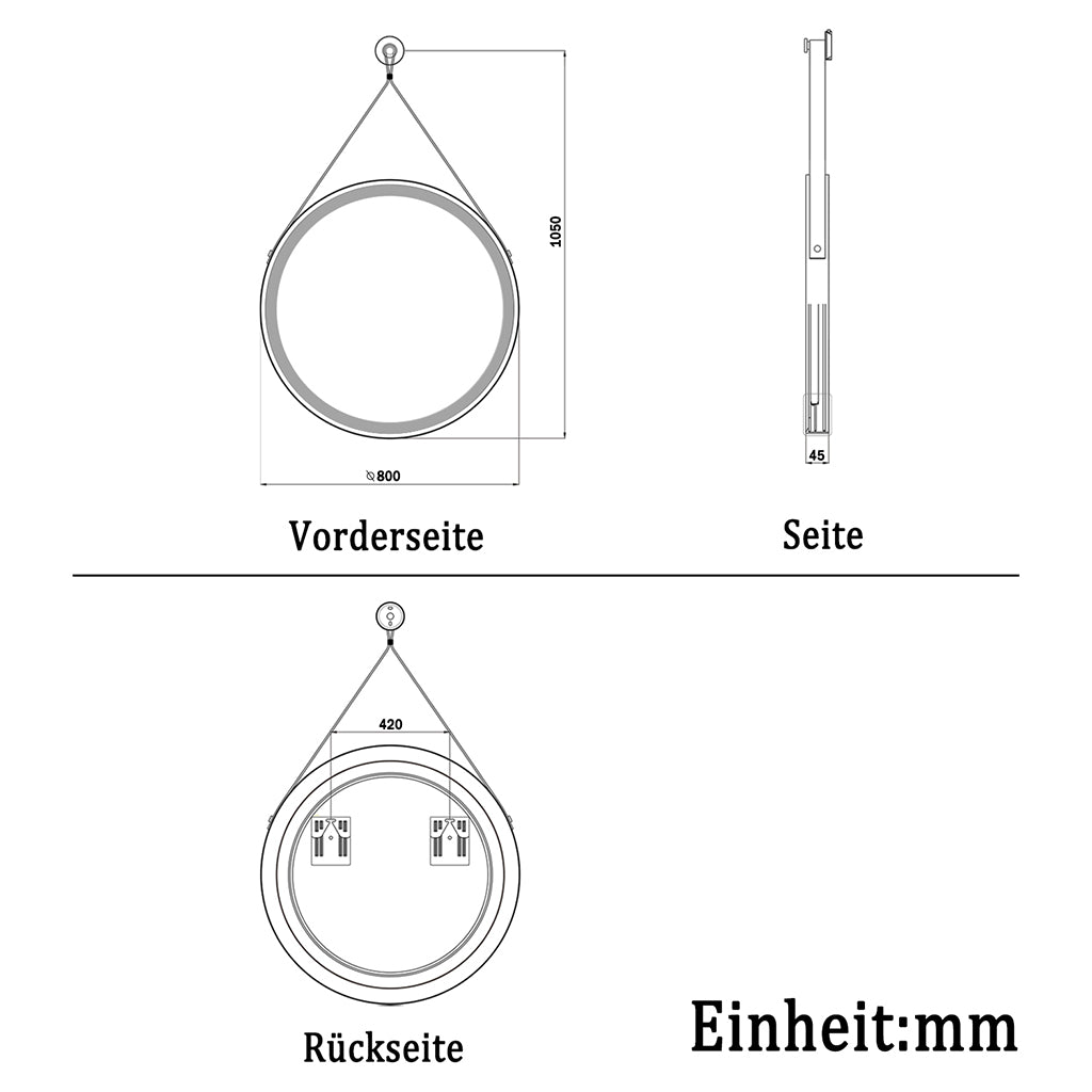 LED Badspiegel Rund Spiegel mit Beleuchtung Warm/Neutral/Kaltweiß Schwarz Rahmen 80cm