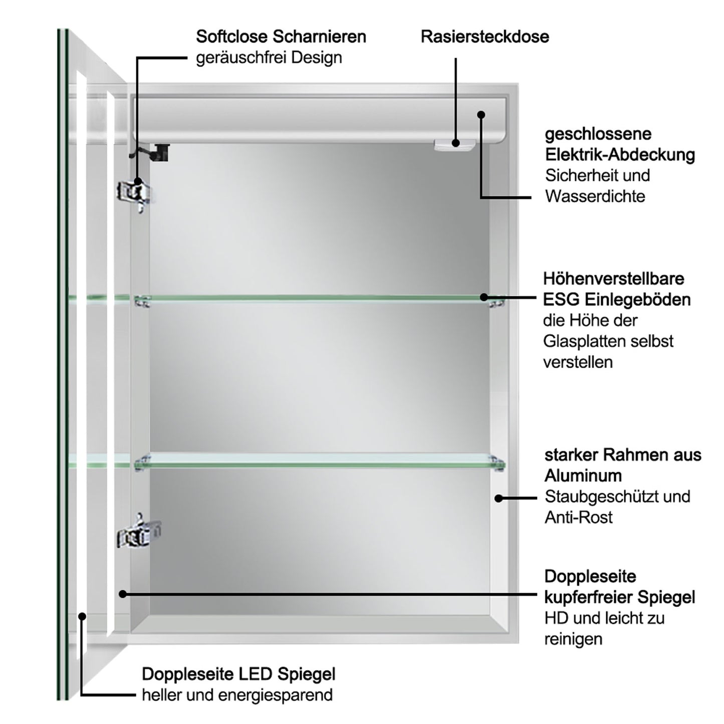 Badezimmerspiegelschrank 70x50 cm LED Spiegelschrank Touch Schalter, Beschlagfrei, Kaltweiß Rasiersteckdose, Aluminium