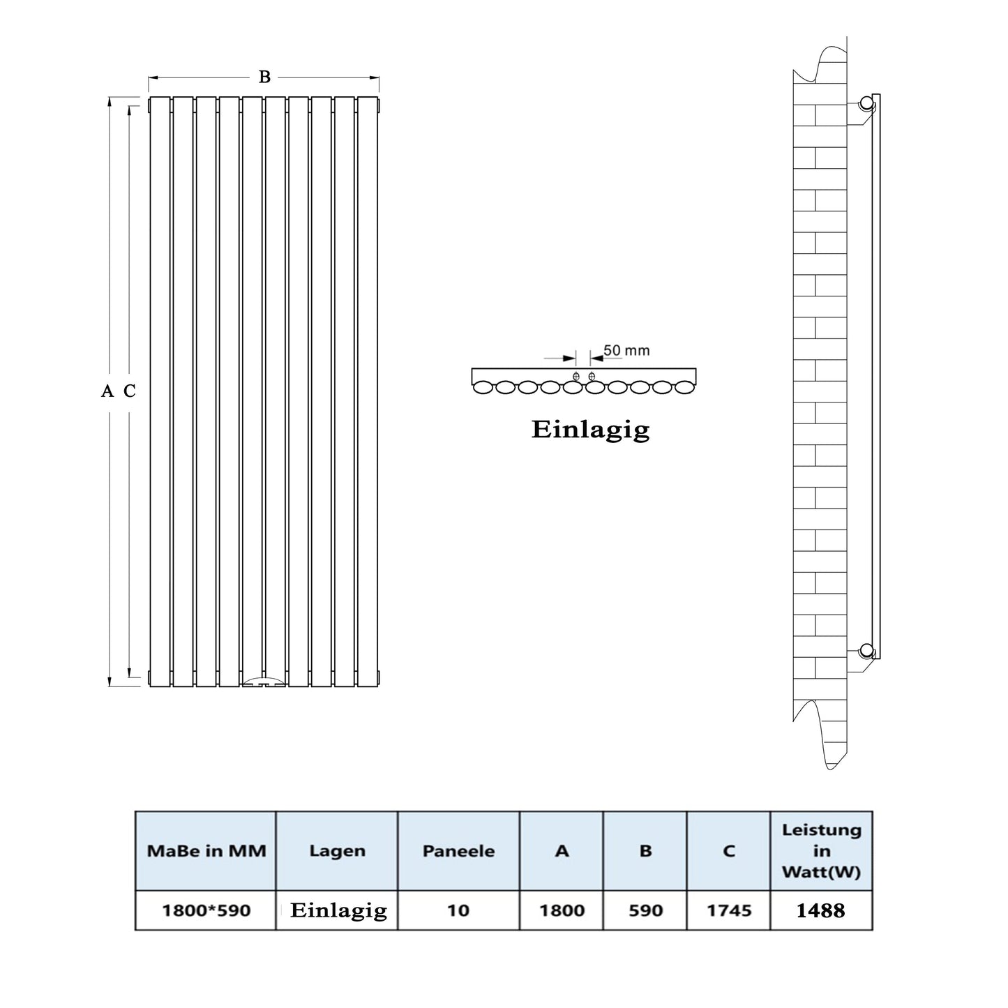 Design heizkörper oval weiss Einlagig 1800x590mm