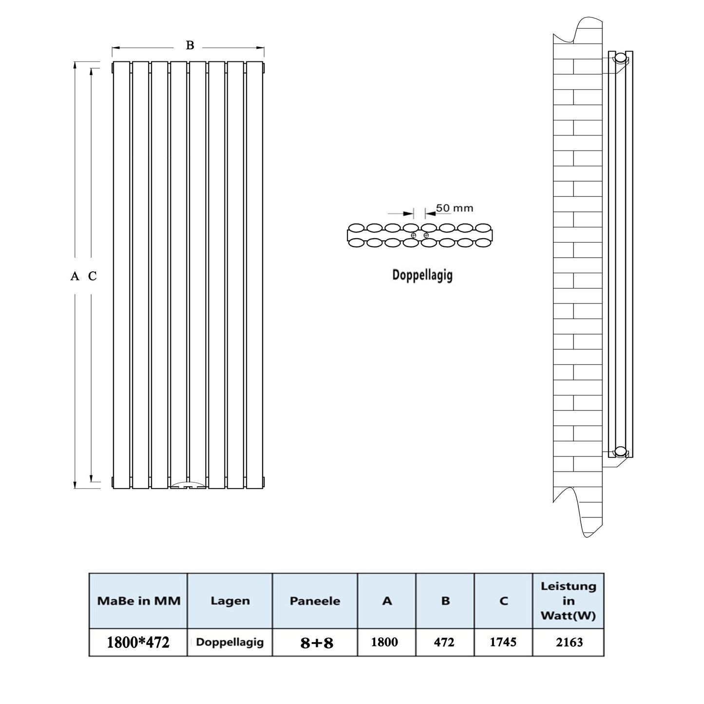 Design heizkörper oval weiss Doppellagig 1800x472mm