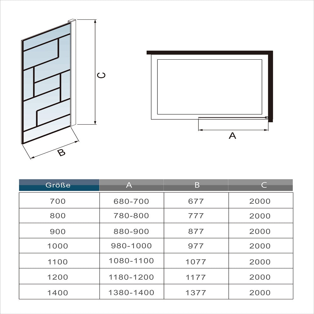 Walk in Duschwand Duschkabine Dusche 97.7 cm Höhe 200cm 8mm Glas mit Stabistange schwarz Duschabtrennung