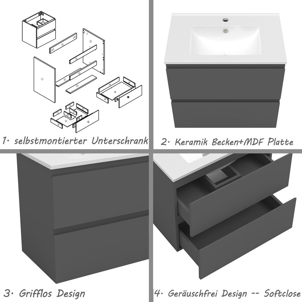 Badmöbel Set 60cm Waschbecken mit Unterschrank Waschtisch Standschrank Anthrazit