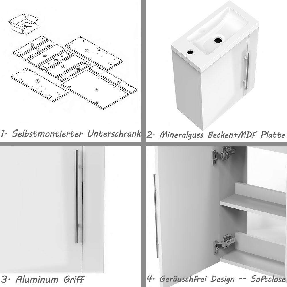 Waschtisch 45 cm Waschbecken mit Unterschrank Gäste WC Badmöbel Set klein Loft Hochglanz Weiß