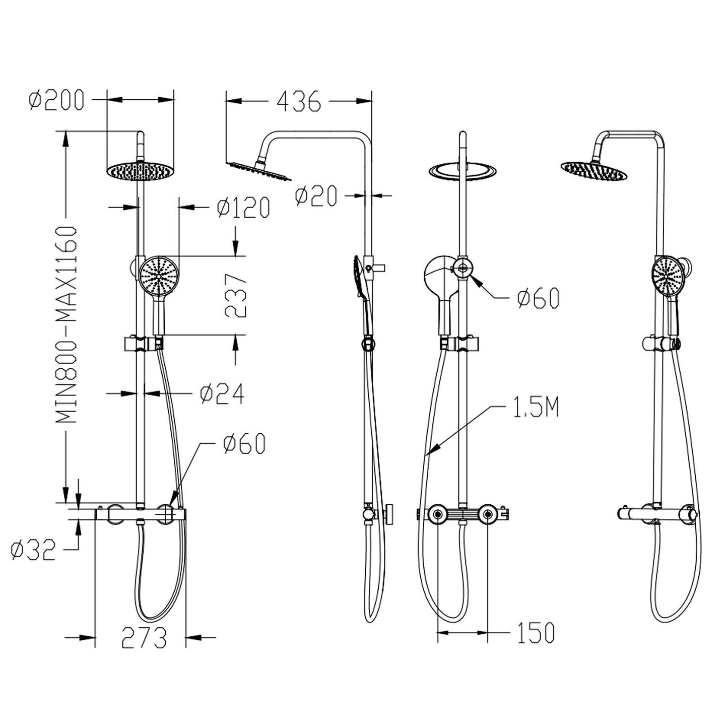 Duschsystem mit Thermostat und Handbrause Regendusche, Höhe 80-116 cm, 5 Strahlart(en), Komplett-Set, mit 360° drehenbarem Regenduschkopf und höhenverstellbar Duschstange