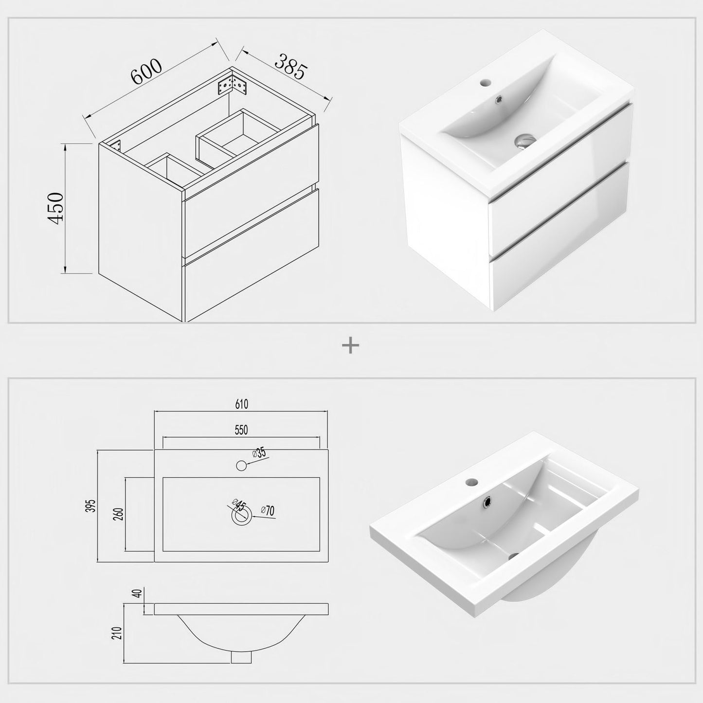 Waschtisch mit Unterschrank Badmöbel Set Waschbecken Eiche 60cm Hochglanz Weiß