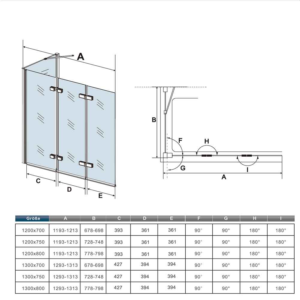 Duschkabine Badewannenaufsatz Faltbare NANO Glas 130xH.140 cm mit Seitenwand