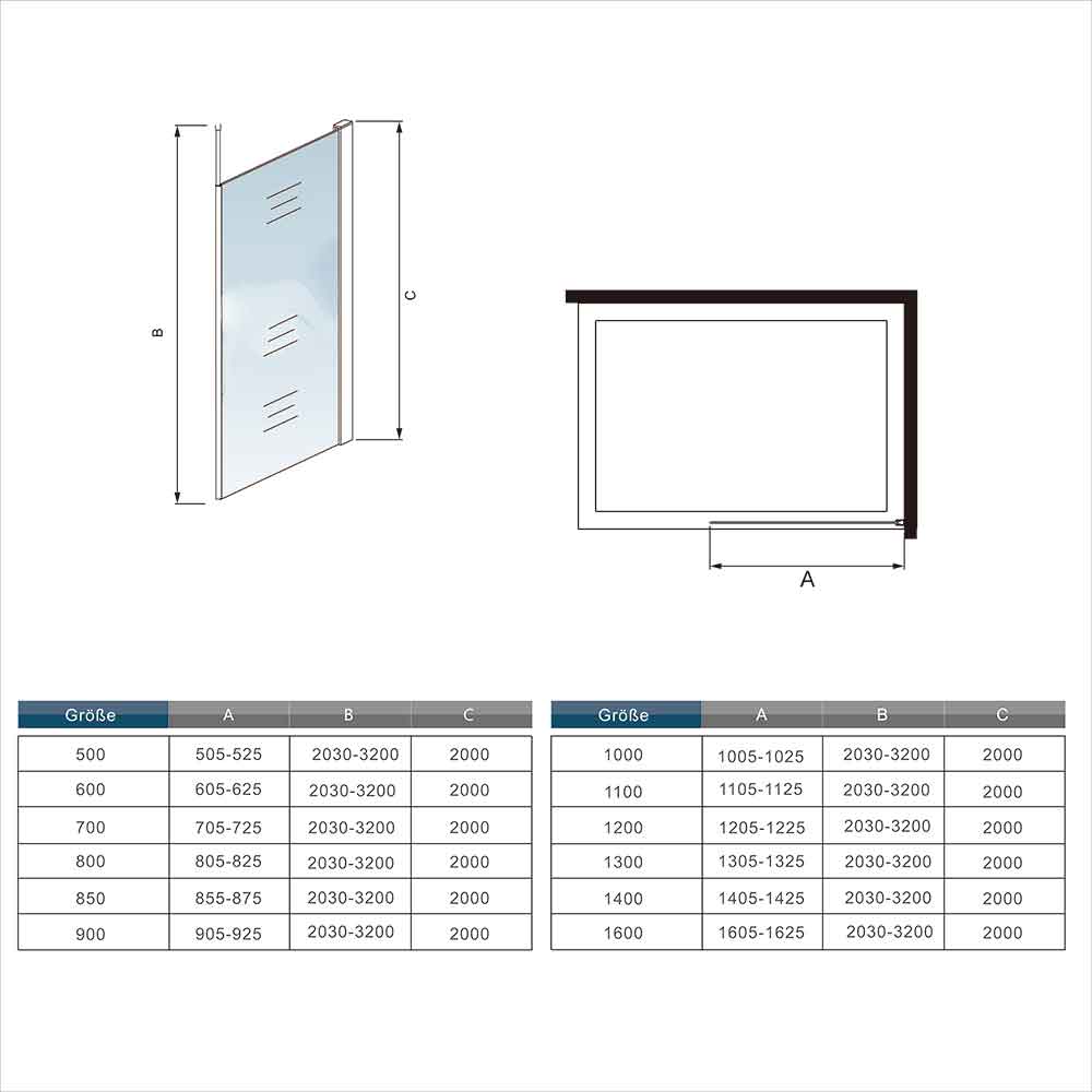 begehbare dusche 70-140xH.200 cm Sicherheitsglas mit Glasschutzfolie & Deckenstütze