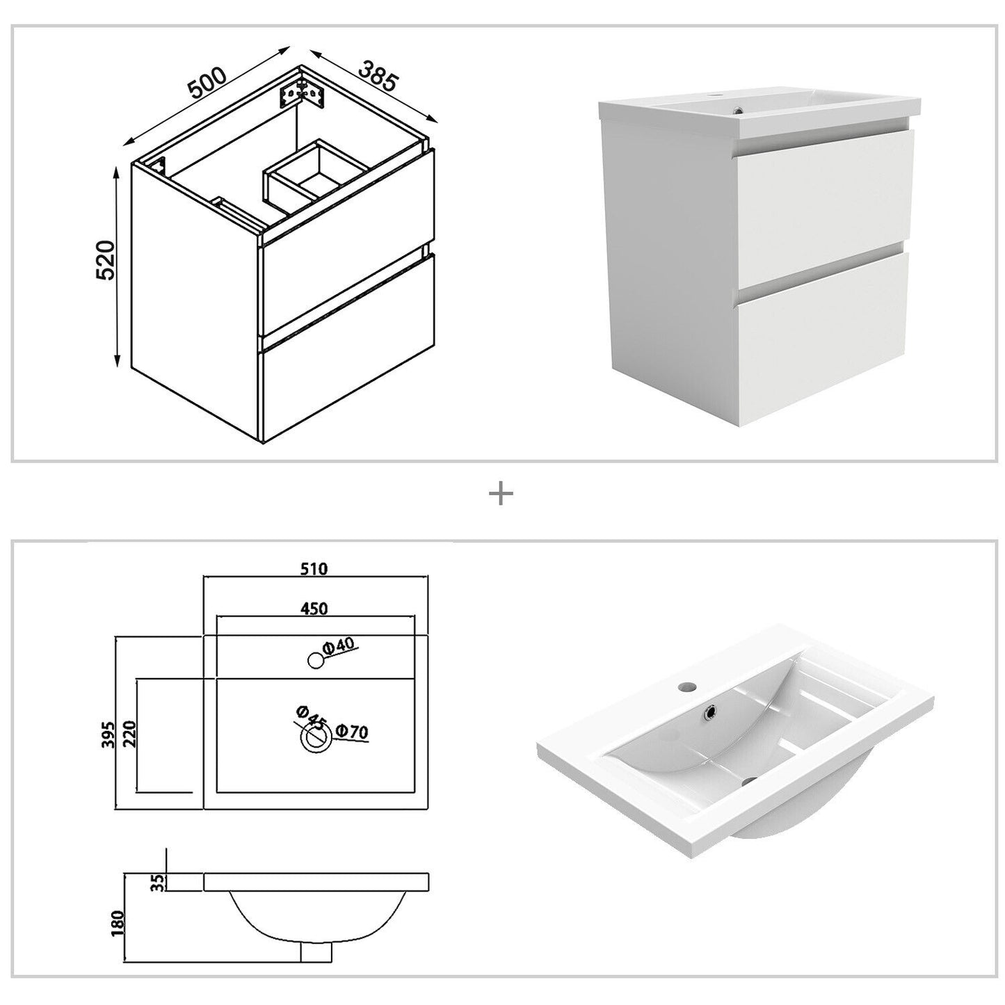 Waschtisch mit Unterschrank 50x38.5x52 cm Waschbeckenunterschrank Mattweiß