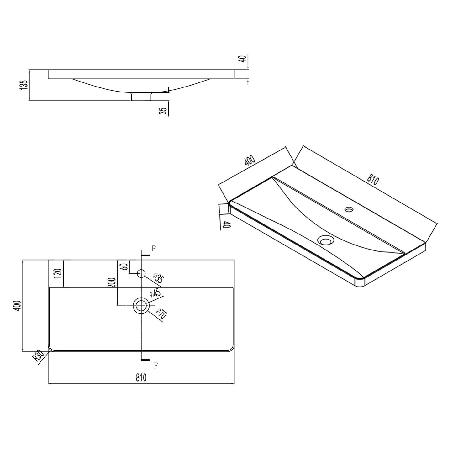 Waschbecken Kunststein Waschtisch Einbauwaschbecken 81x40x13.5cm Weiß