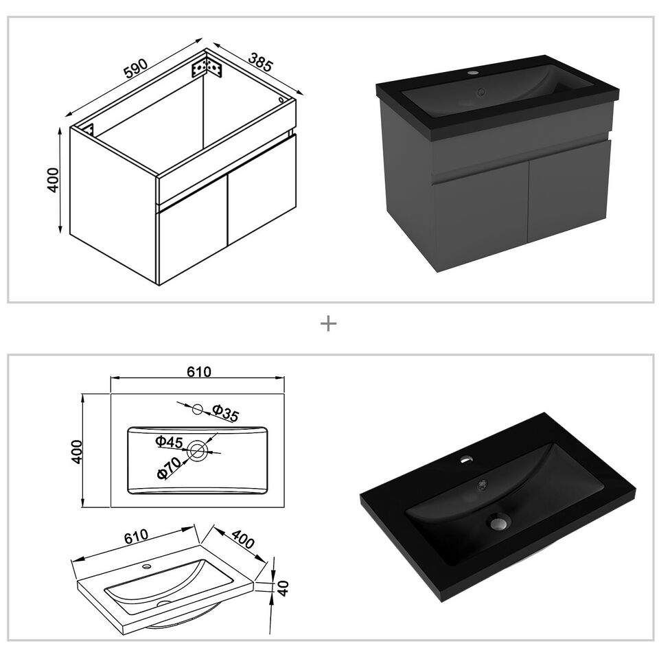 Waschtisch mit Unterschrank Badmöbel Set 60 cm Waschbecken Hängeschrank